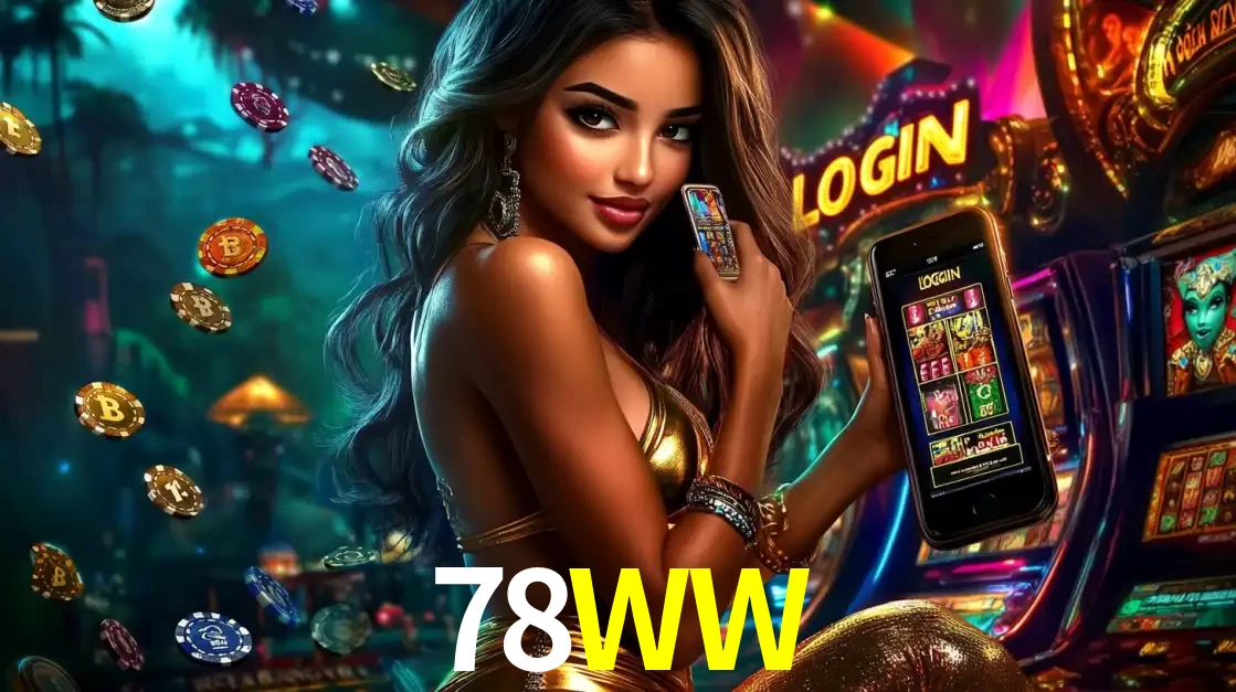 Mulher em um cenário de cassino temático de aventura, mostrando o app de caça-níqueis da 78WW no celular. Fichas de apostas flutuam ao redor.