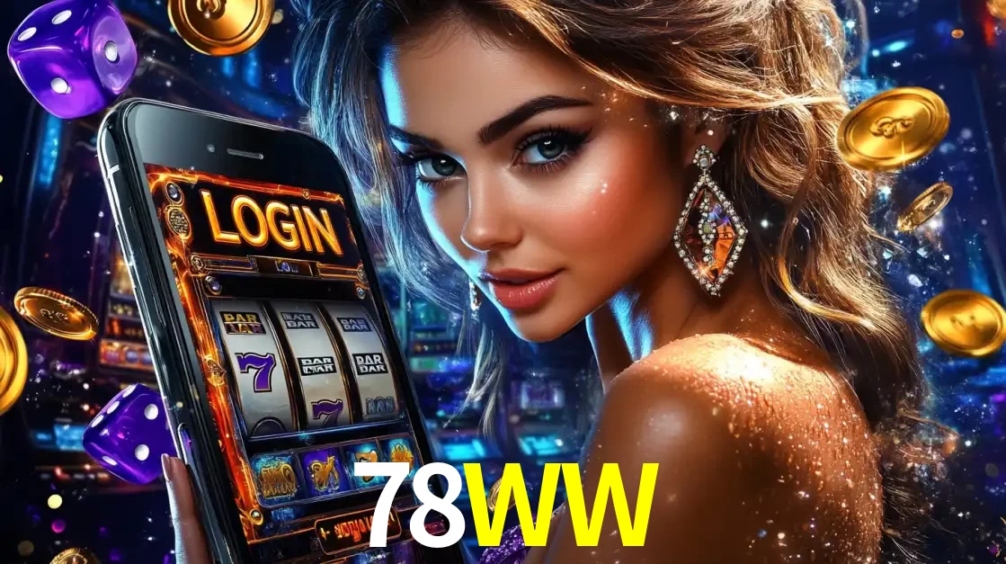 Mulher glamorosa segurando um smartphone com a tela de login para os jogos de caça-níqueis do cassino online 78WW, com moedas de ouro e dados ao redor.
